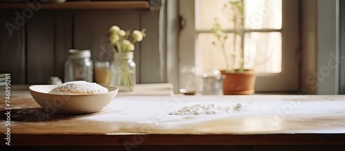 A wooden table is covered with a bowl of food surrounded by scattered flour, creating a light and airy ambiance.