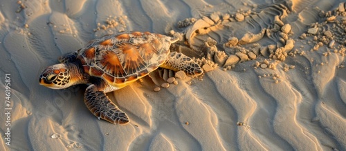 A baby Kemps Ridley sea turtle, a highly endangered species, is seen crawling out of the sand at Padre Island National Seashore. The turtle is leaving tracks in the sand as it makes its way back to