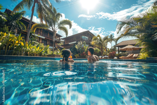 a couple swimming in a pool on summer holiday at tropical resort