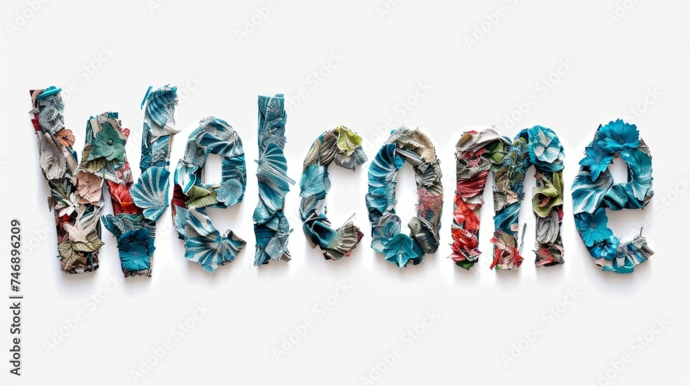 The word Welcome isolated on white background made in Collage Typography style. Decorative lettering of a word Welcome. Creative postcard. Ai Generated Digital art poster.
