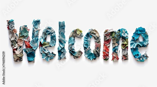The word Welcome isolated on white background made in Collage Typography style. Decorative lettering of a word Welcome. Creative postcard. Ai Generated Digital art poster.