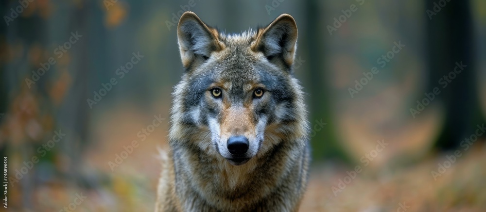 Fototapeta premium Majestic Wolf Standing Alone in the Mystical Woods - Wildlife Adventure Concept