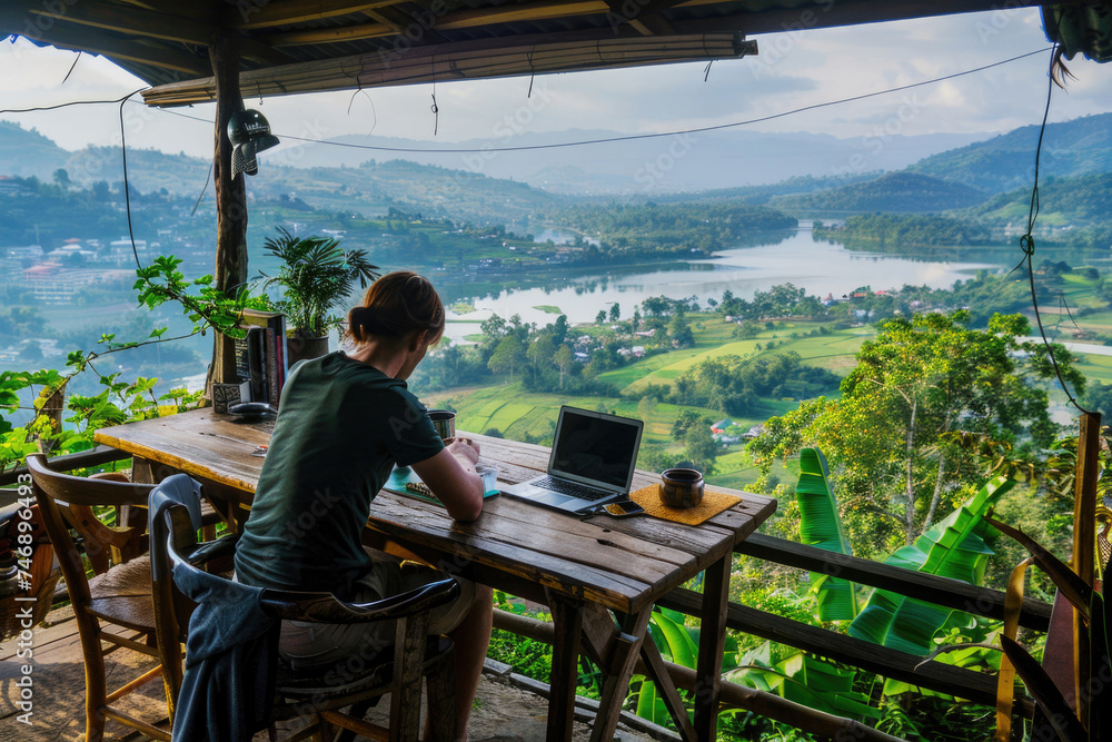 A person working on a laptop in a scenic outdoor cafe