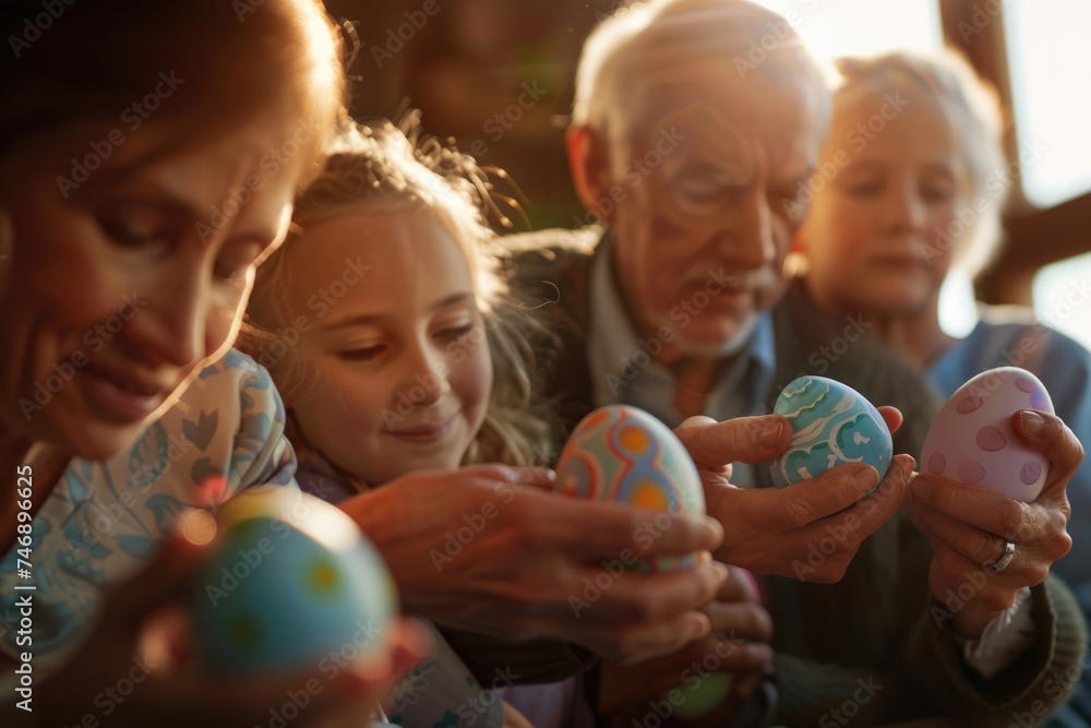 Close-up of a joyful family with painted Easter eggs - obrazy, fototapety, plakaty 