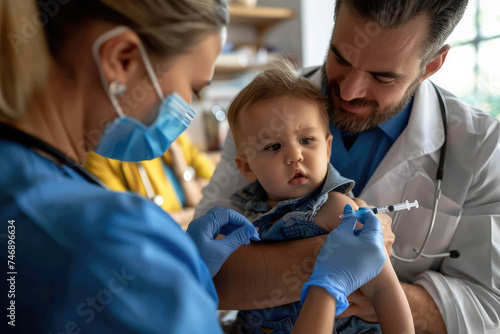 Close up of pediatrician giving vaccine to baby at doctor s office