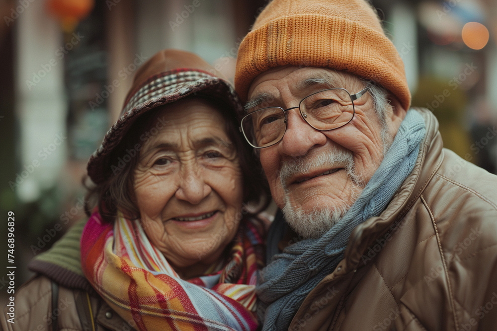 A happy elderly pensioner and their spouse recreating an old photo in front of their first home, celebrating decades of love and companionship. A happy elderly pensioner and their spouse recreating an old photo in front of their first home, celebrating decades of love and companionship.