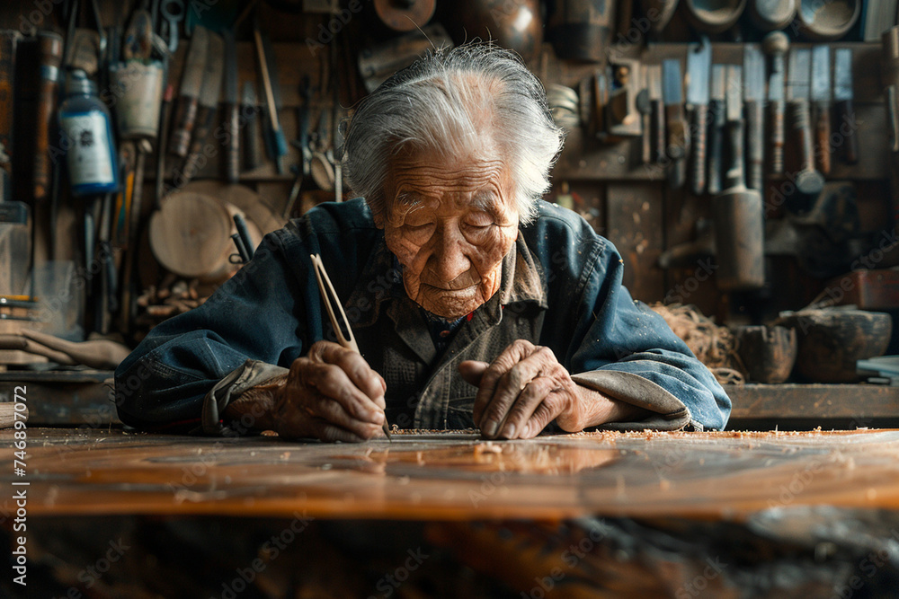 An elderly pensioner in a woodworking workshop, carefully crafting a piece of furniture, the joy of creation evident in their focused expression. An elderly pensioner in a woodworking workshop, carefully crafting a piece of furniture, the joy of creation evident in their focused expression.
