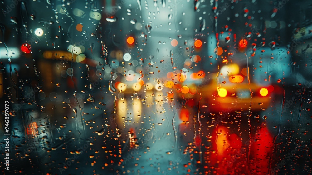 Obraz premium Rainy Night City Lights Through Wet Glass.