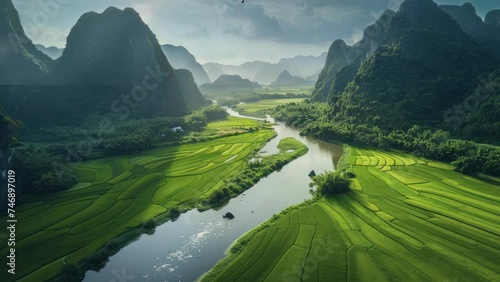 Tranquil River: A Serene Journey Through Rice Fields and Mountains, Crafted by Generative AI photo