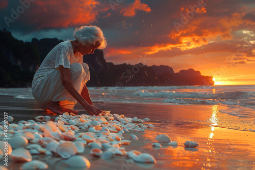 An elderly pensioner on a beach at sunset, collecting seashells and walking barefoot in the sand, fully embracing the peaceful moment.