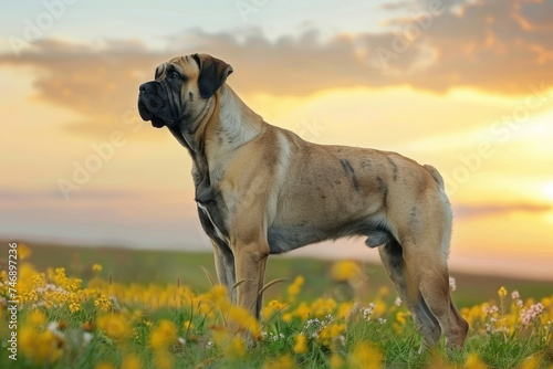 english mastiff dog is standing on the field