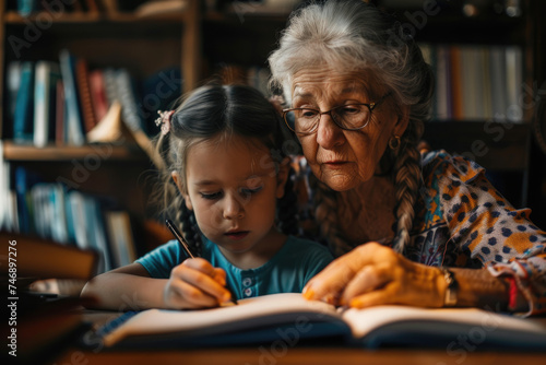 Grandmother helping granddaughter with homework at home, homeschooling concept