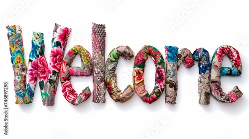 The word Welcome isolated on white background made in Fabric and Textile Collage style. Decorative lettering of a word Welcome. Creative postcard. Ai Generated Digital art poster.