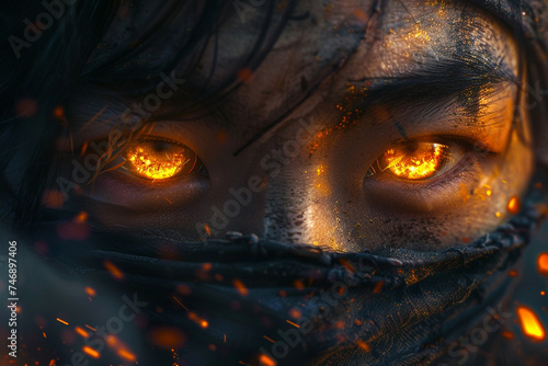 Intense Eyes with Fiery Sparks. Ninja eyes a nebula monster  darkness and nature clash. Close-up of a person eyes glowing intensely orange  resembling fire  with sparks surrounding the face.