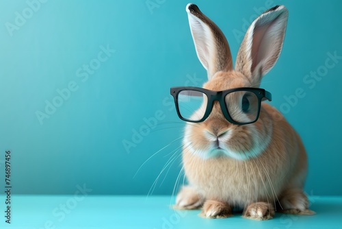 Business funny cute bunny rabbit wearing glasses on background.