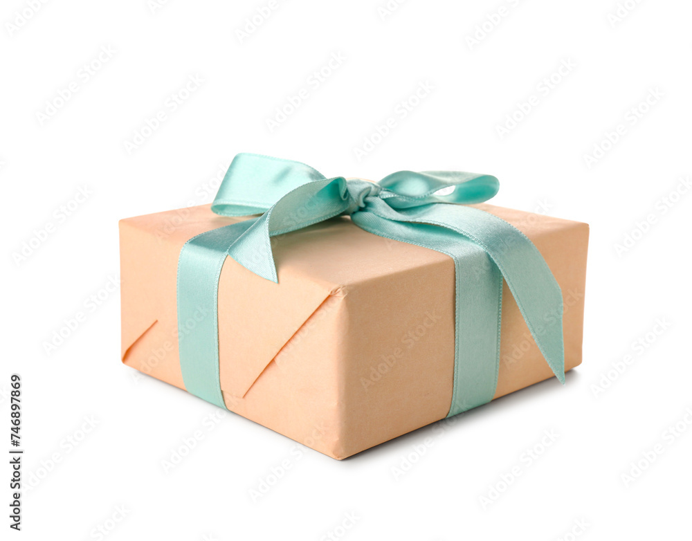 Obraz premium Gift box with blue bow on white background. International Women's Day