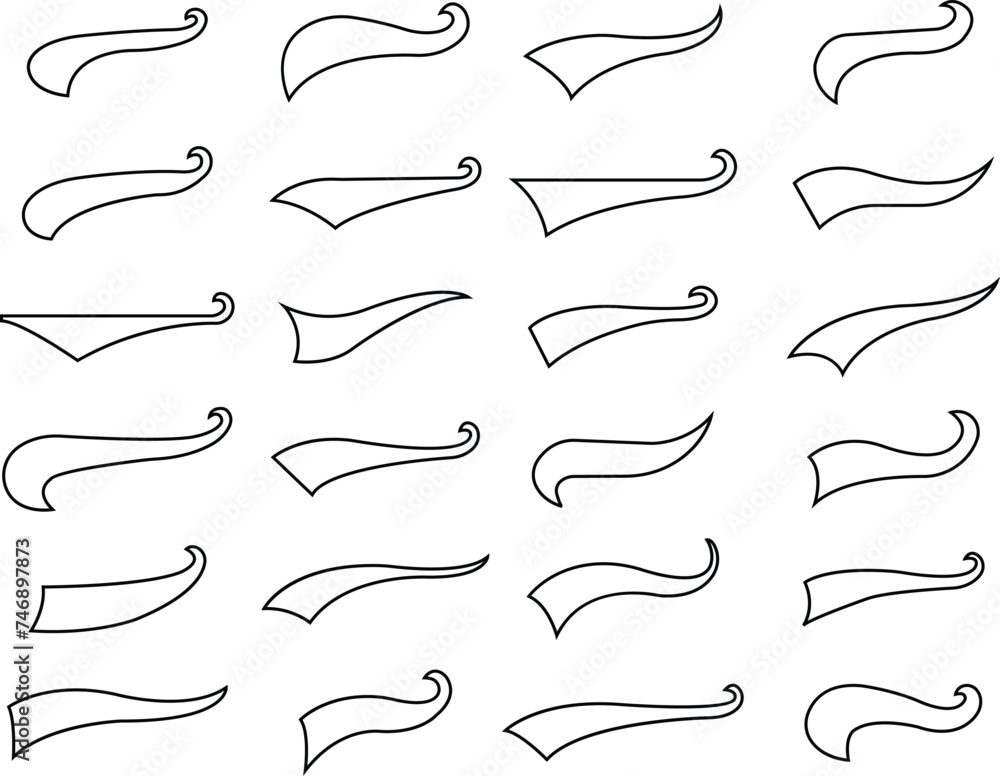 Set of Swoosh and swoop underline typography tails shape in line styles. Brush drawn curved smear. Hand drawn curly swishes, swash, twiddle. Vectors calligraphy doodle swirl on transparent background.