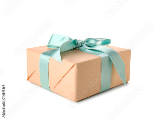 Gift box with blue bow on white background. International Women's Day © Pixel-Shot