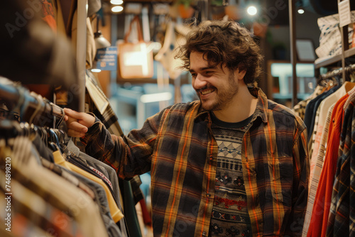 Happy man looking for shirt while shopping in clothing store at mall