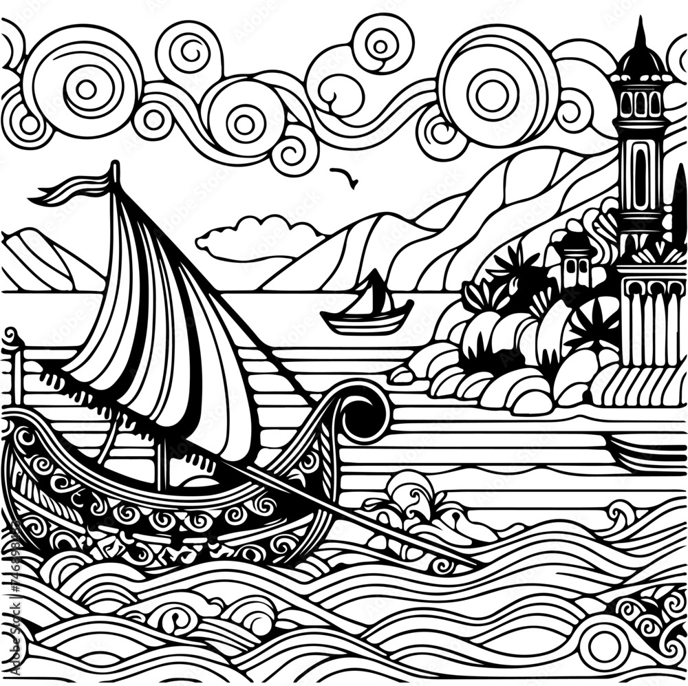 Seascape with boats coloring page for kids and adults. Antistress