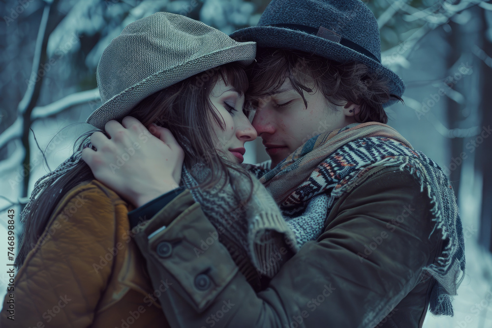 Young man in love hugging his girlfriend in snow winter