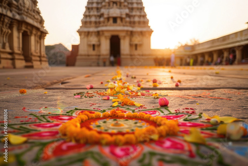 Dawn light bathes a temple, decorated for Ugadi, in soft hues photo