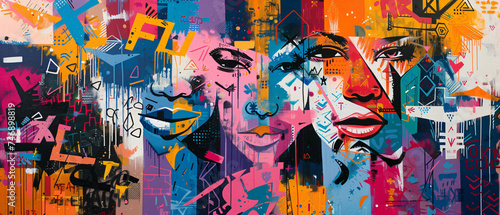 A painting of faces made of bright colors and shapes