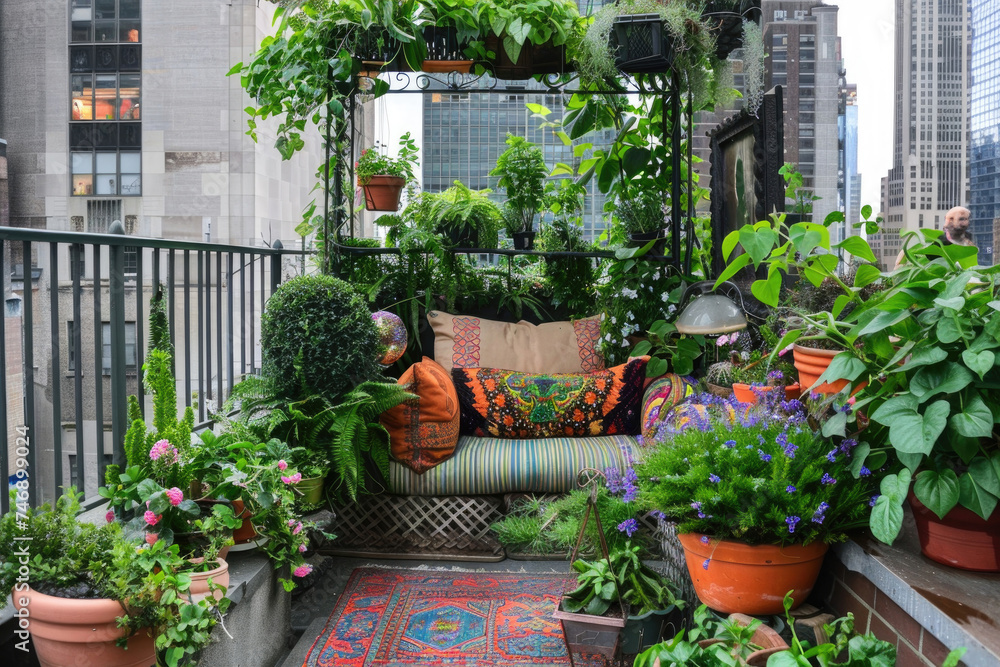 A cozy balcony transformed into a lush green oasis