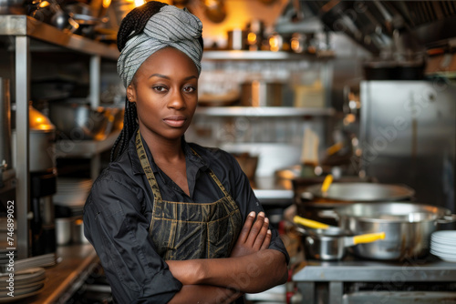 Portrait of confident black female chef at restaurant kitchen