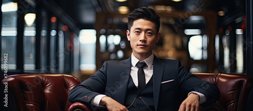 A successful Asian young businessman, dressed in a suit and tie, is seated in a chair. He exudes professionalism and confidence as he sits in a poised manner.