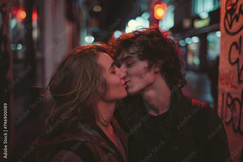 Young man in love kisses his girlfriend in city