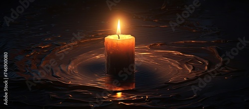 A lit candle floats on the surface of water, casting a warm glow on the surrounding darkness. The flickering flame illuminates the shadows, creating a mysterious and enchanting scene.