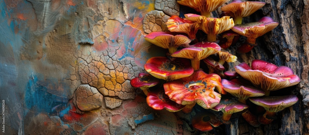 A macro photography view of a vibrant bunch of mushrooms growing on the textured bark of a tree. The mushrooms vary in size, shape, and color, creating a unique visual contrast against the trees