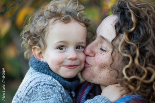 Mother kissing her son on the cheek, affection between mother and son, mother's day concept.