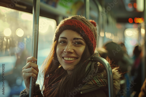 Young smiling woman holds onto handle while traveling by public bus