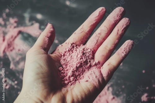 Mao with colored powder in pink color, Holi hai day concept. photo