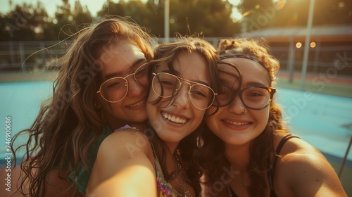 Tres chicas de distintas etnias compartiendo un día soleado sonriendo tomandose una Selfie. Todas con lentes photo
