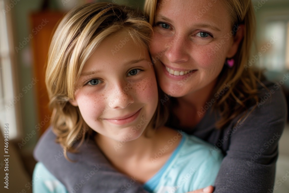 Mother hugging her smiling daughter, Mother's Day concept. Mother hugging her smiling daughter, Mother's Day concept.