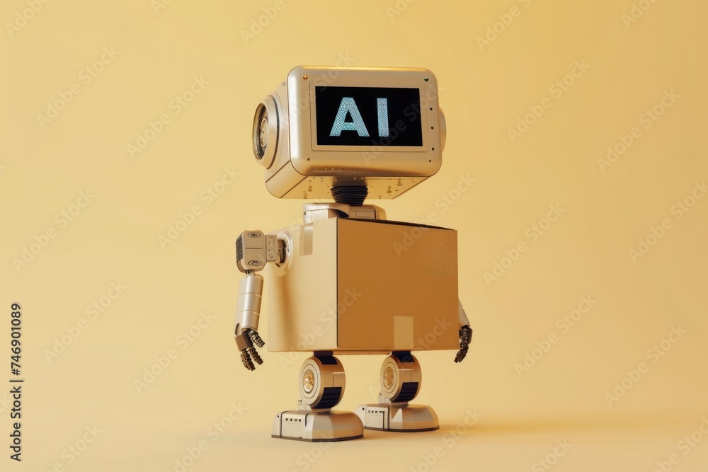Delivery robot with cardboard box, concept of logistics and futuristic technology.