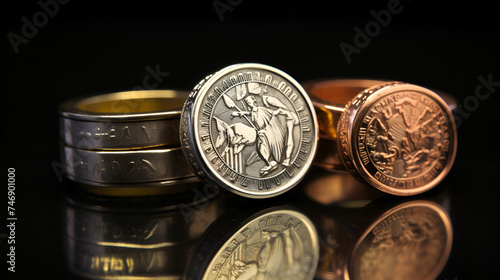 Elegant Hand Crafted Gold Ring Featuring a gold and Silver coin Denarius of Empress Faustina on black background  photo