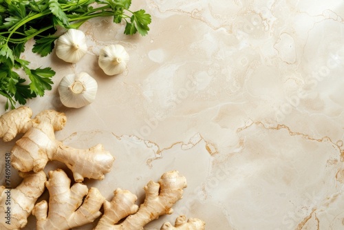 Ginger root, garlic and coriander, culinary seasoning, beige marble background.