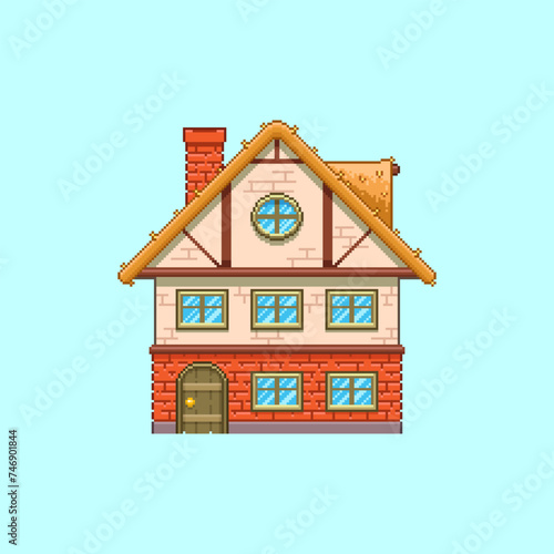 8bit colorful simple vector pixel art illustration of cartoon two-story house in retro video game platformer level style