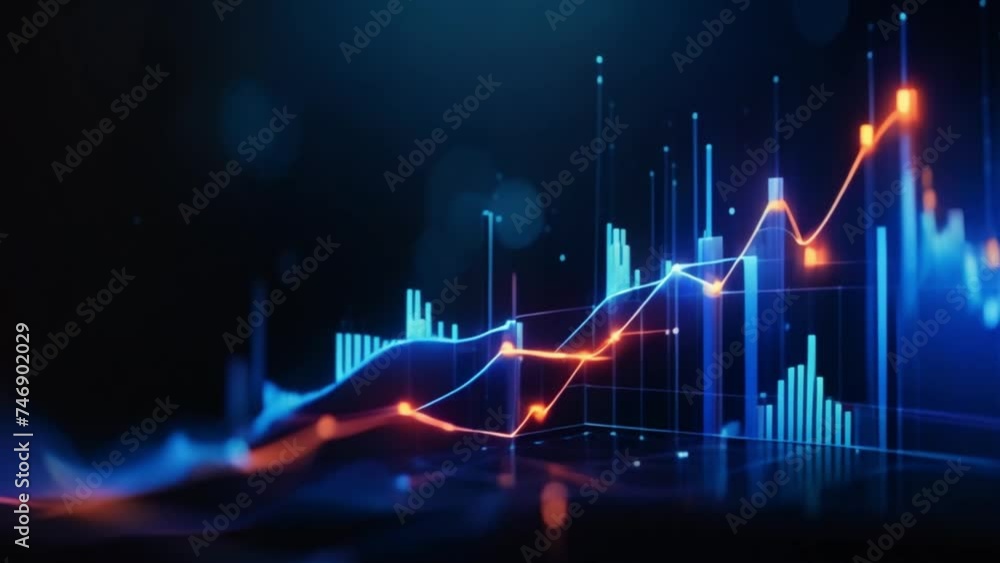 glowing and growing blue business chart on blurry dark backdrop. Financial growth, trade and stock concept glowing and growing blue business chart on blurry dark backdrop. Financial growth, trade and stock concept