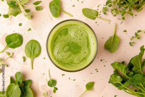 Glass with healthy green juice on beige background, concept of healthy eating and healthy living.