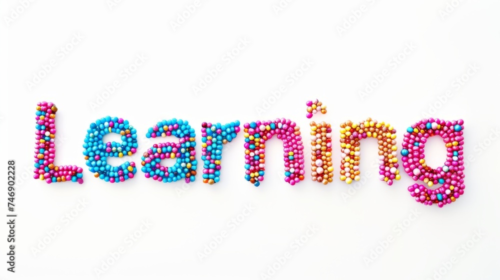 The word Learning isolated on white background made in Beaded Lettering style. Decorative lettering of a word Learning. Creative postcard. Ai Generated Digital art poster.