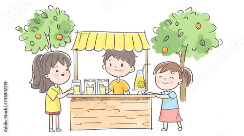 Illustration of carton lemonade stand kids selling lemonade lemon tree kids business 