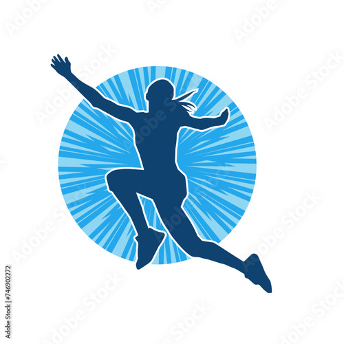 Silhouette of a slim female jump pose. Silhouette of a casual woman jumping