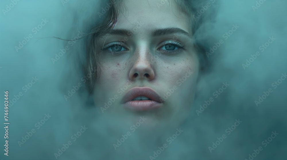 A young woman surrounded by clouds and smoke. Beauty concept. Created with Generative AI.