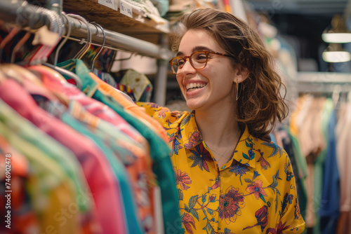 Happy smiling woman looking for shirt while shopping in clothing store