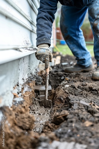 Close-Up Inspection of Damaged House Foundation